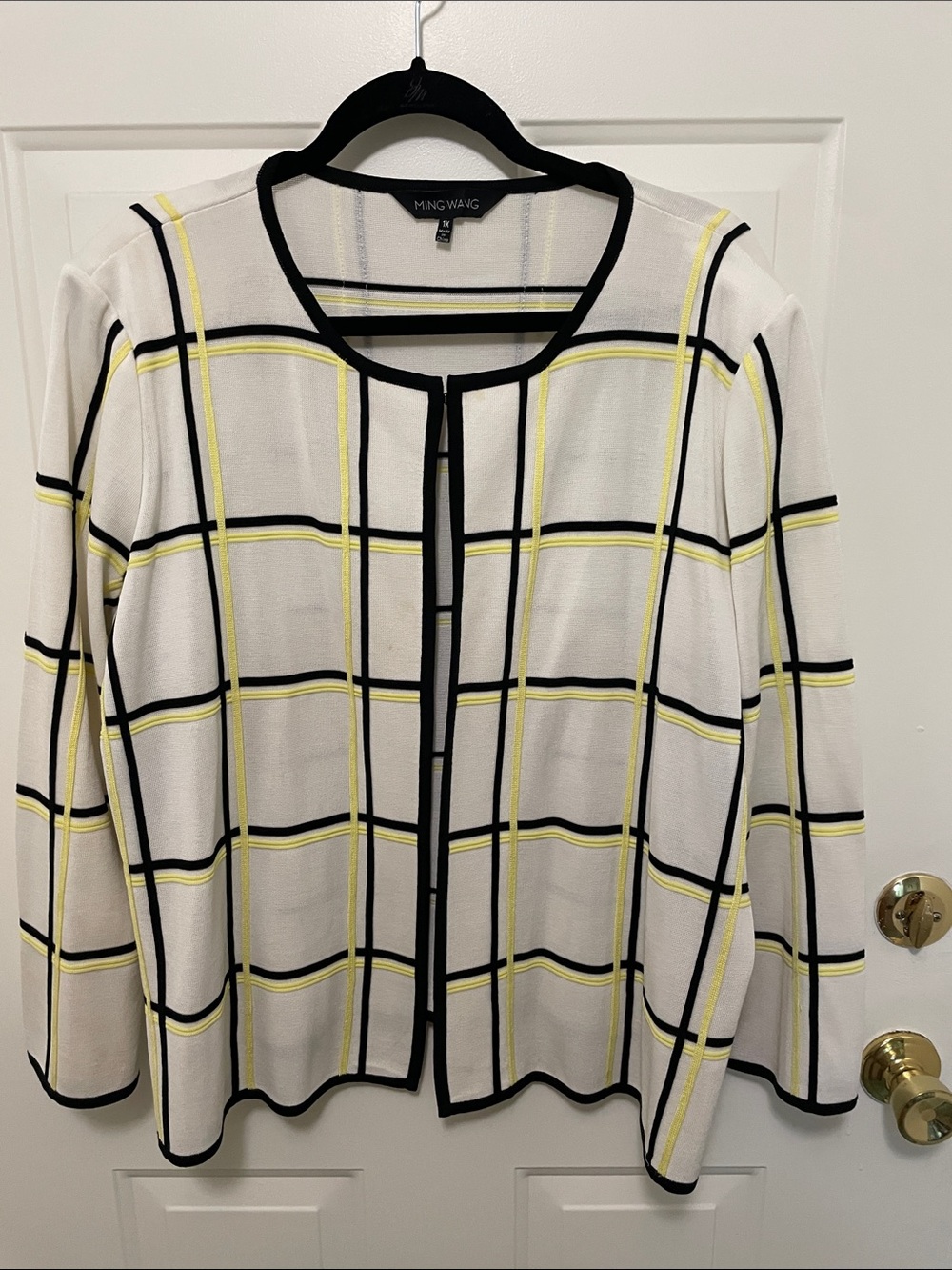 Ming Wang White Windowpane Cardigan with Yellow Accents Sz 1 X